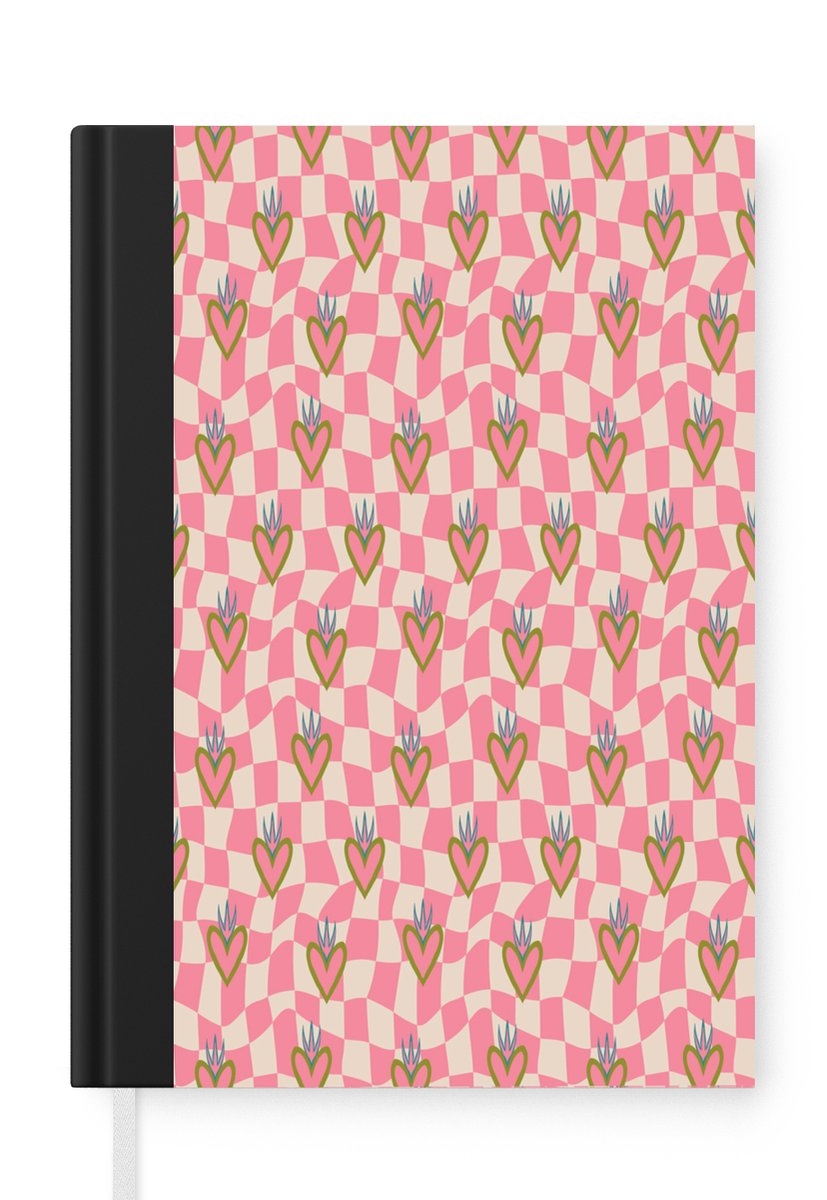 Notitieboek - Schrijfboek - Roze - Retro - Patroon - Geblokt - Notitieboekje klein - A5 formaat - Schrijfblok