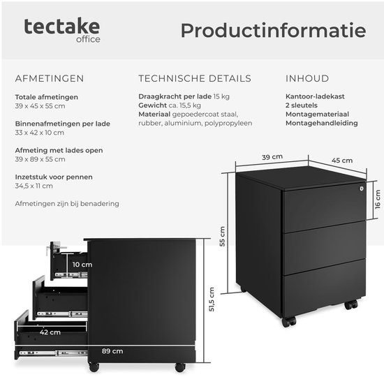 Tectake® - Rolcontainer Van Metaal 41x28x69cm - Zwart Tectake® - Rolcontainer Van Metaal 41x28x69cm - Zwart