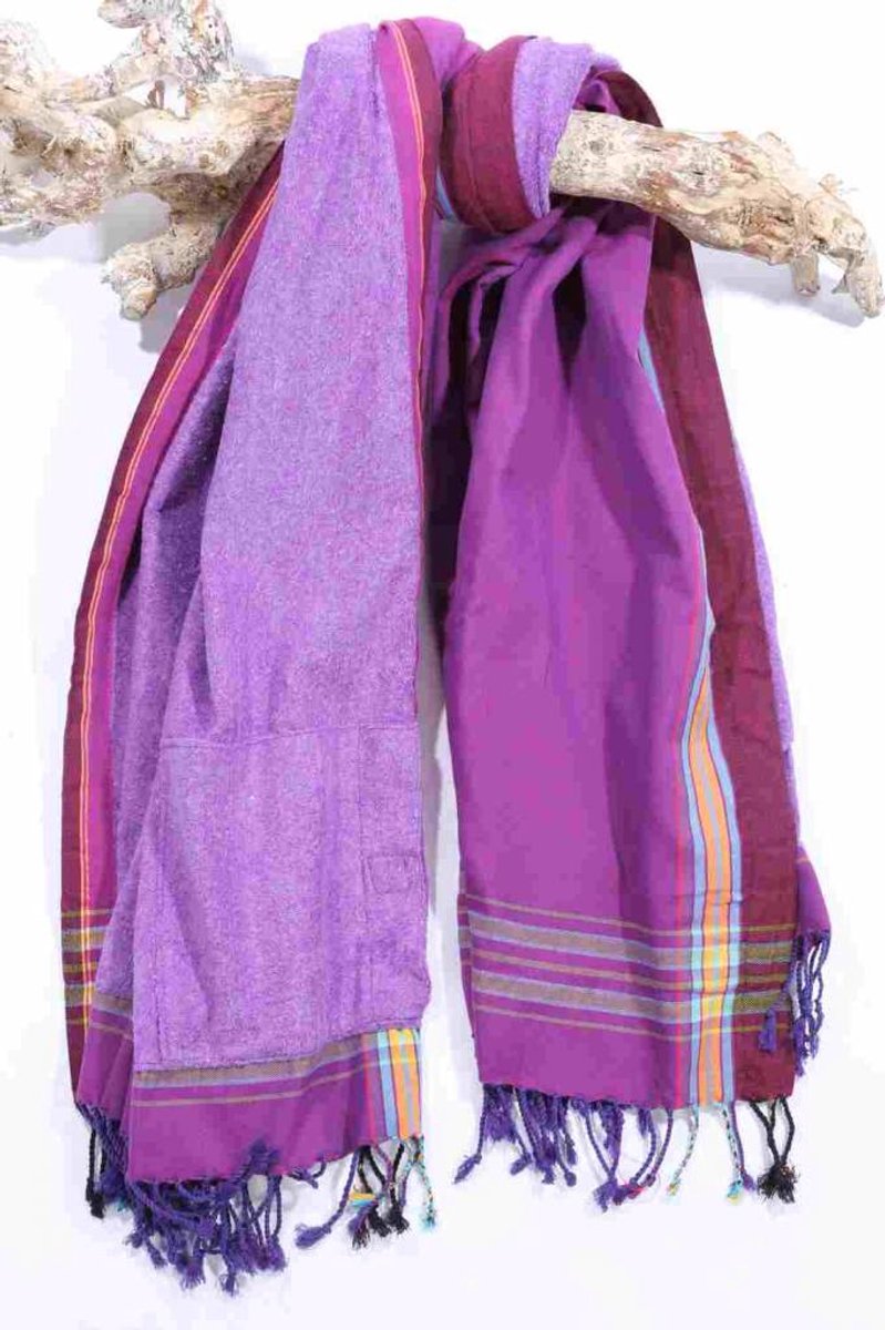 Kikoy Strandlaken Mandera Purple 170x95cm - Strandlaken - (Hamamdoek) Met badstof - Saunadoek - Saunalaken - Stranddoek - Reishanddoek - Plaid - 170x95cm