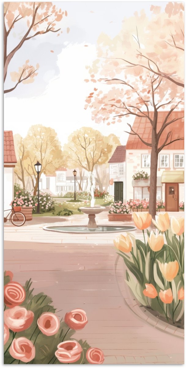 Poster 75x150 cm - Dorpsplein - Fontein - Tulpen - Posters - Kamer decoratie - Wanddecorat