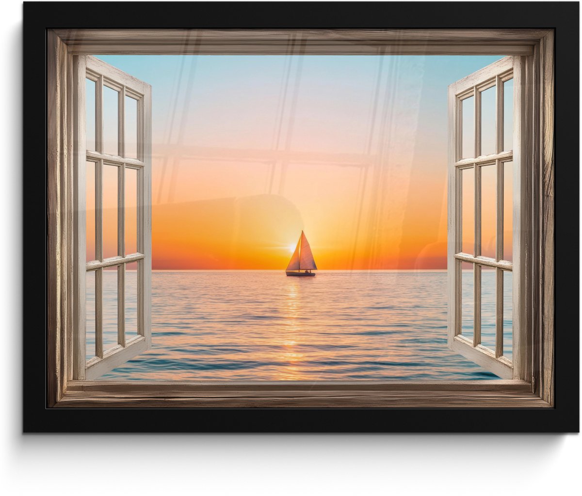 FrameYourWall Poster in lijst - Fotolijst 40x30 cm - Posters - Doorkijk - Zee - Boot - Zonsondergang - Posterlijst zwart - Decoratie - Wanddecoratie woonkamer - Muurdecoratie slaapkamer Zonsondergang - Boot