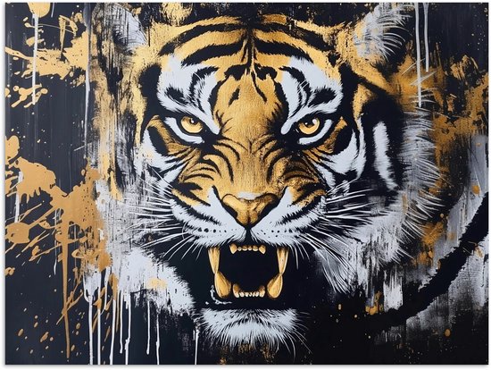 Poster 120x90 cm - Tijger - Verfspatten - Goud - Posters - Kamer decoratie - Wanddecoratie woonkamer - Muurdecoratie slaapkamer