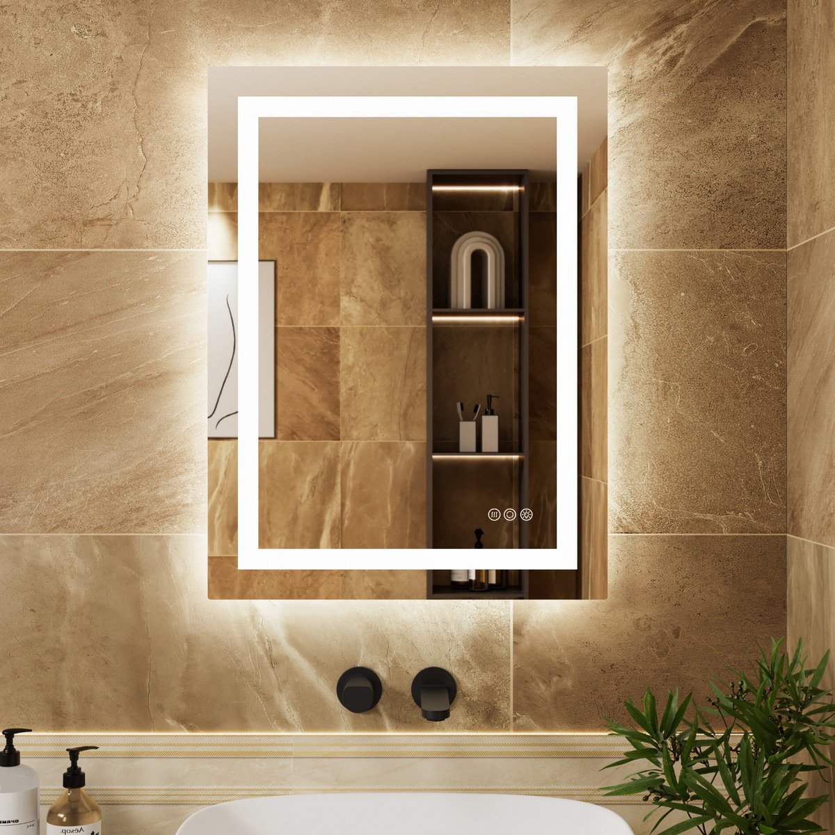 Auralum max - Rechthoek Badkamerspiegel Frameloos met LED Verlichting - Dimbaar - Anti-Condens - 2700K/4000K/6000K - Warm/Neutraal/Koud Wit - 80X60CM