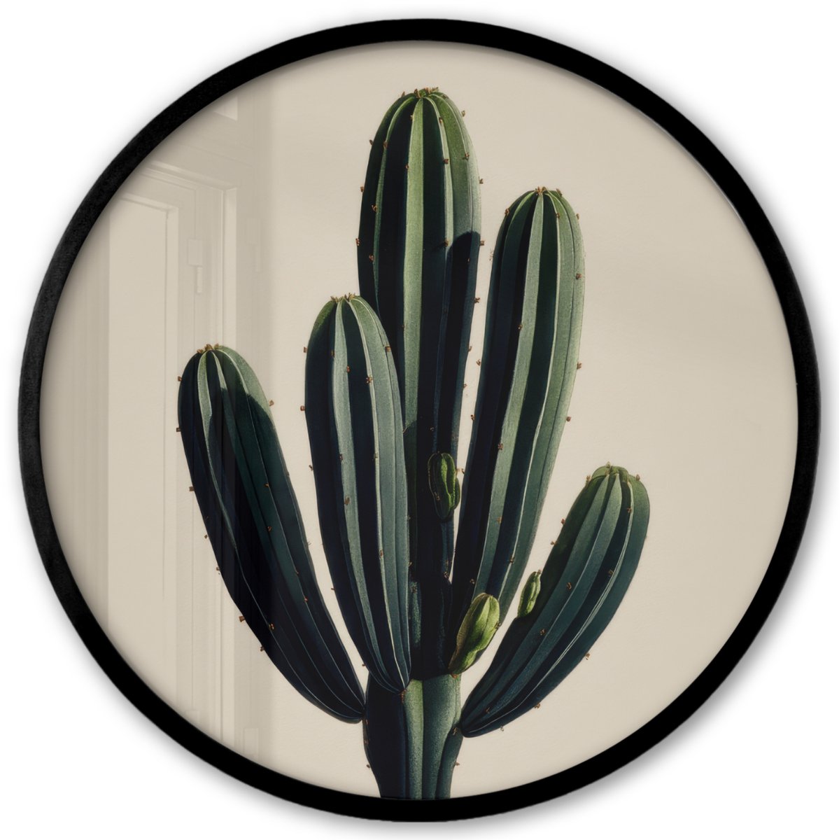 FrameYourWall Poster in lijst Rond - Fotolijst 40x40 cm - Posters - Cactus - Subtiel - Groen - Ronde posterlijst zwart - Decoratie - Wanddecoratie woonkamer - Muurdecoratie slaapkamer
