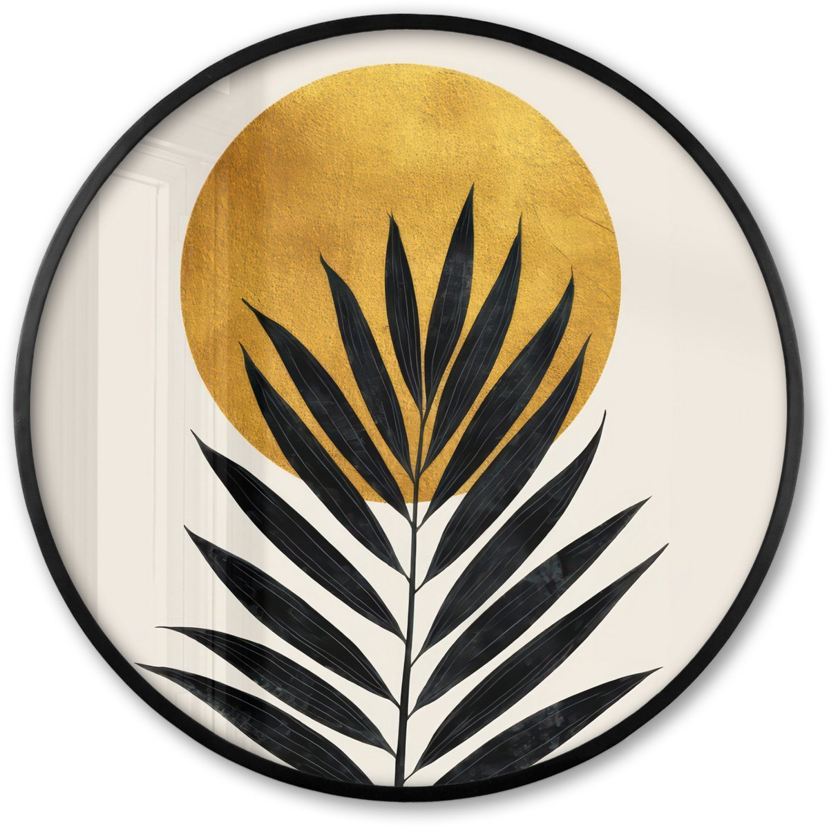 FrameYourWall Poster in lijst Rond - Fotolijst 80x80 cm - Posters - Zwart palmblad - Gouden cirkel - Beige achtergrond - Ronde posterlijst zwart - Decoratie - Wanddecoratie woonkamer - Muurdecoratie slaapkamer Palmblad - Cirkel