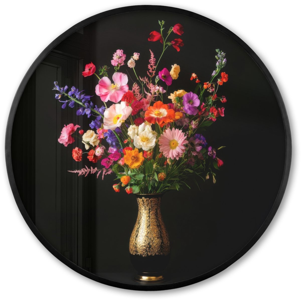 FrameYourWall Poster in lijst Rond - Fotolijst 60x60 cm - Posters - Kleurrijk - Boeket - Vaas - Goud - Ronde posterlijst zwart - Decoratie - Wanddecoratie woonkamer - Muurdecoratie slaapkamer Boeket - Bloemen 3
