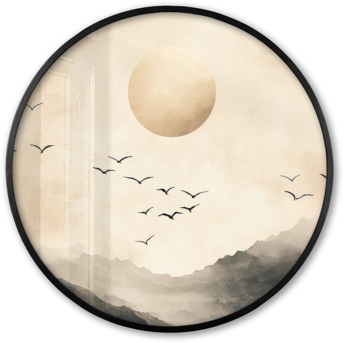 FrameYourWall Poster in lijst Rond - Fotolijst 60x60 cm - Posters - Landschap - Japandi - vogel - Ronde posterlijst zwart - Decoratie - Wanddecoratie woonkamer - Muurdecoratie slaapkamer