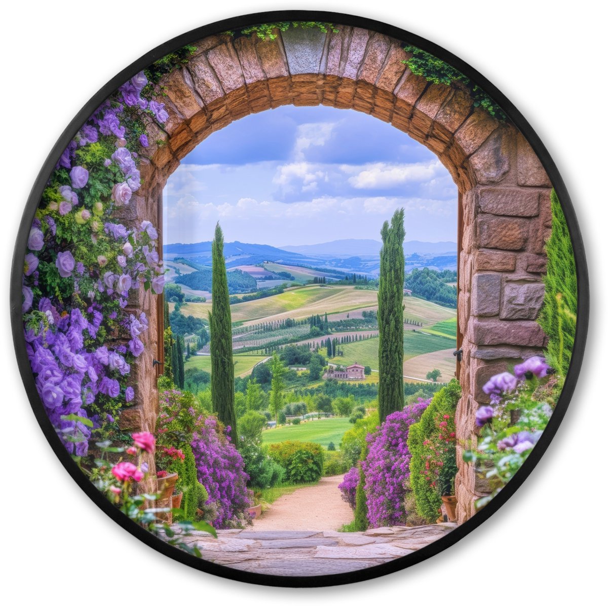 FrameYourWall Poster in lijst Rond - Fotolijst 60x60 cm - Posters - Doorkijk - Toscane - Landschap - Poort - Ronde posterlijst zwart - Decoratie - Wanddecoratie woonkamer - Muurdecoratie slaapkamer Poort - Tuin