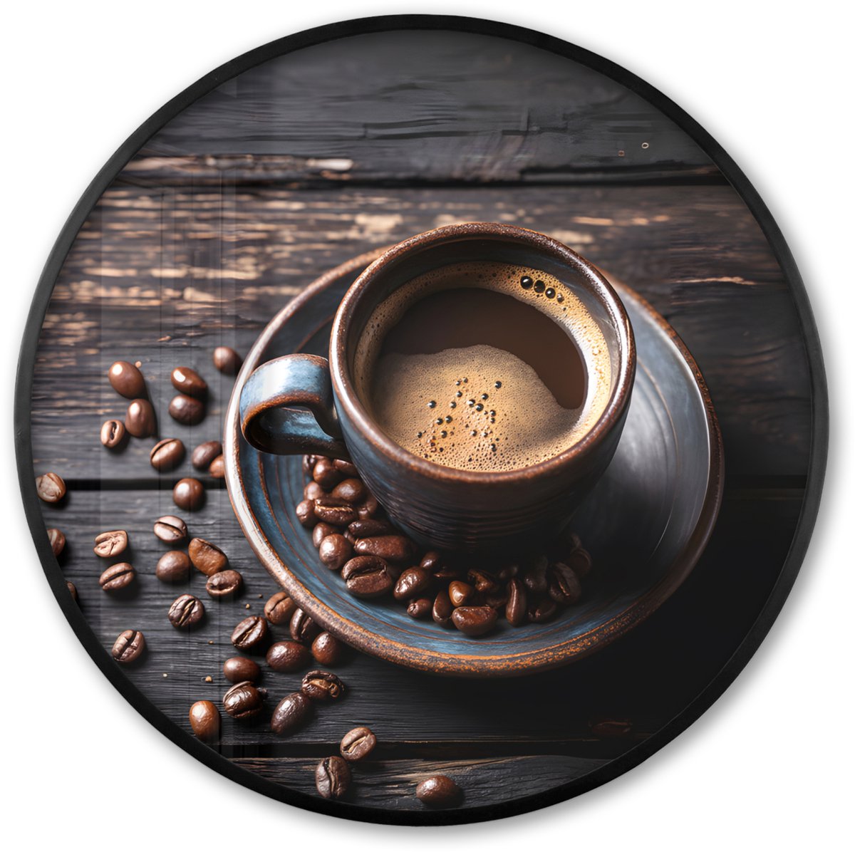 FrameYourWall Poster in lijst Rond - Fotolijst 60x60 cm - Posters - Kop - Koffie - Hout - Bonen - Ronde posterlijst zwart - Decoratie - Wanddecoratie woonkamer - Muurdecoratie slaapkamer Bonen - Koffie