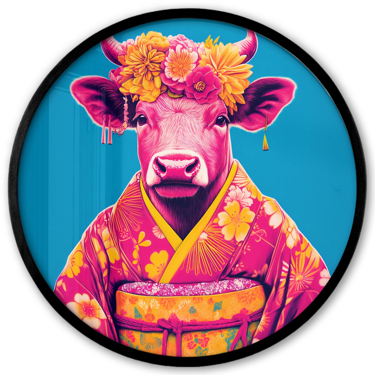 FrameYourWall Poster in lijst Rond - Fotolijst 40x40 cm - Posters - Koe - Bloemenkrans - Oorhangers - Kimono - Ronde posterlijst zwart - Decoratie - Wanddecoratie woonkamer - Muurdecoratie slaapkamer