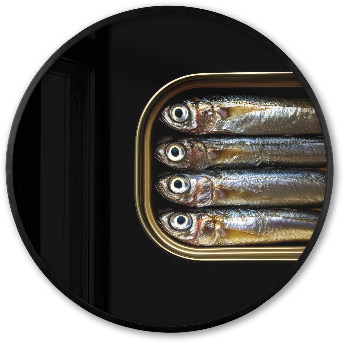 FrameYourWall Poster in lijst Rond - Fotolijst 60x60 cm - Posters - Sardines - Blik - Zwart - Vissen - Ronde posterlijst zwart - Decoratie - Wanddecoratie woonkamer - Muurdecoratie slaapkamer