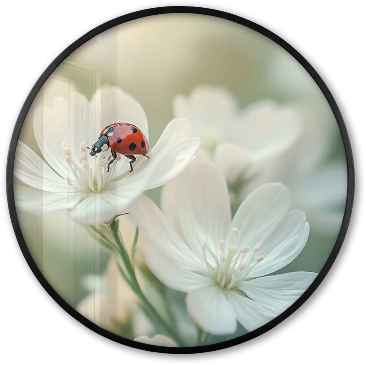 FrameYourWall Poster in lijst Rond - Fotolijst 80x80 cm - Posters - Lieveheersbeestje - Bloemen - Wit - Ronde posterlijst zwart - Decoratie - Wanddecoratie woonkamer - Muurdecoratie slaapkamer