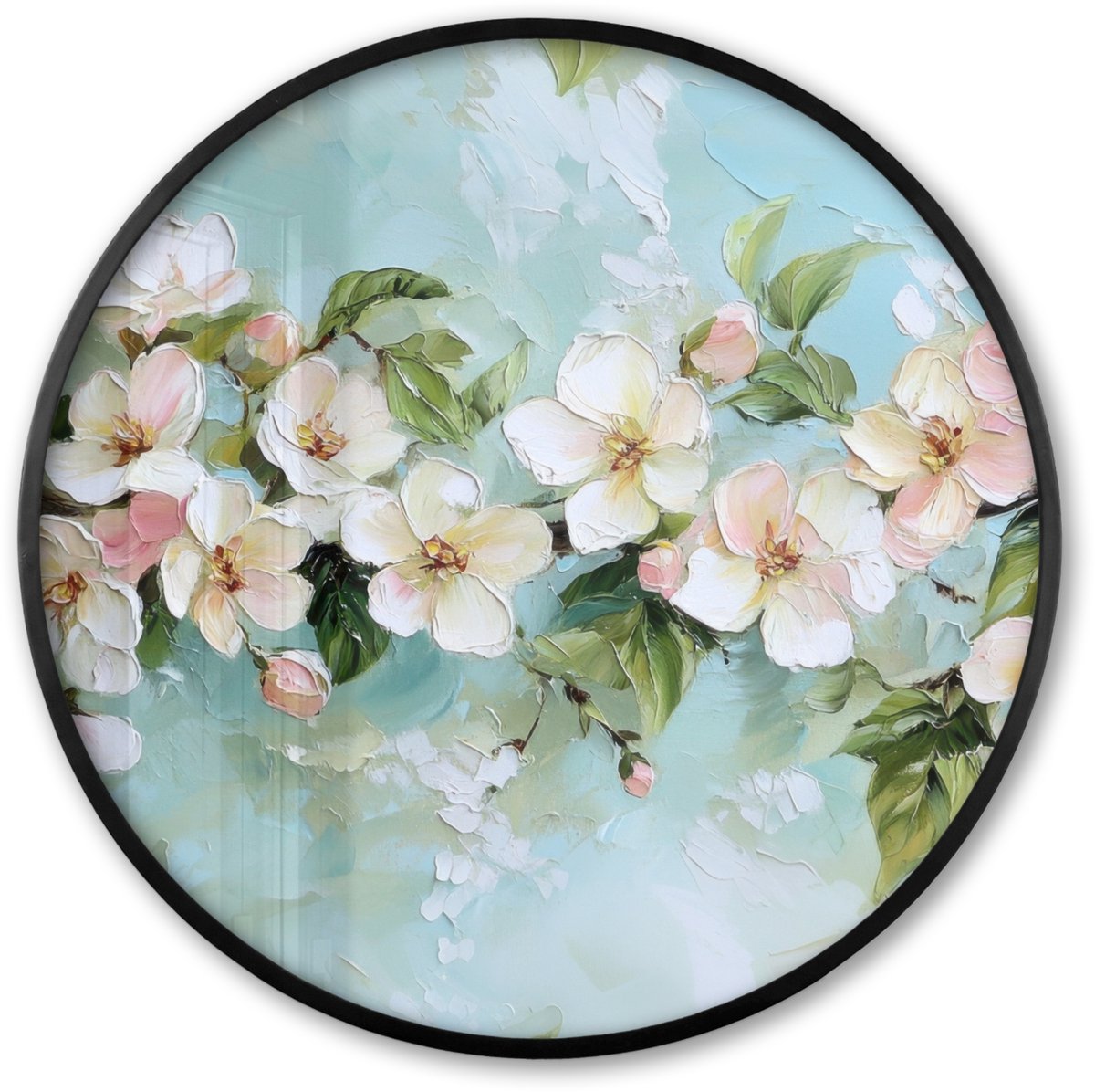 FrameYourWall Poster in lijst Rond - Fotolijst 80x80 cm - Posters - Bloesem - Bladeren - Lichtblauw - Ronde posterlijst zwart - Decoratie - Wanddecoratie woonkamer - Muurdecoratie slaapkamer