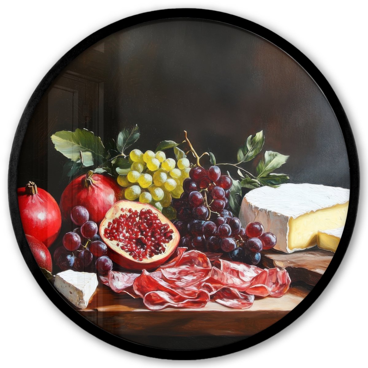 FrameYourWall Poster in lijst Rond - Fotolijst 40x40 cm - Posters - Borrelplank - Stilleven - Vintage - Ronde posterlijst zwart - Decoratie - Wanddecoratie woonkamer - Muurdecoratie slaapkamer Fruitplank - Stilleven