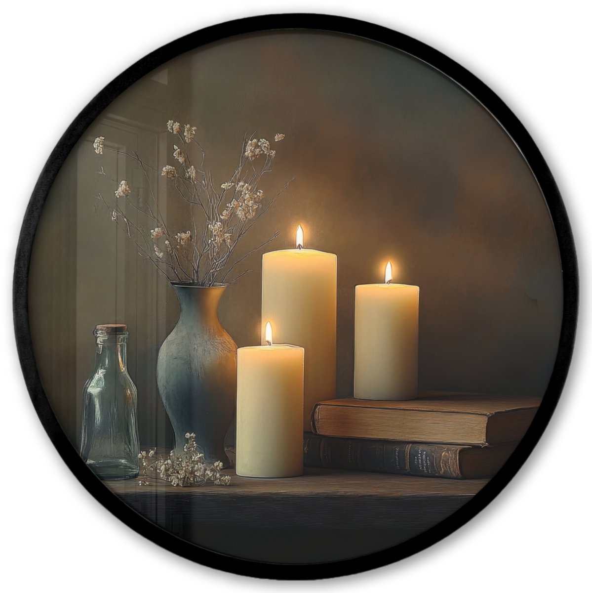 FrameYourWall Poster in lijst Rond - Fotolijst 40x40 cm - Posters - Kaarsen - Stilleven - Rustiek - Boeken - Ronde posterlijst zwart - Decoratie - Wanddecoratie woonkamer - Muurdecoratie slaapkamer