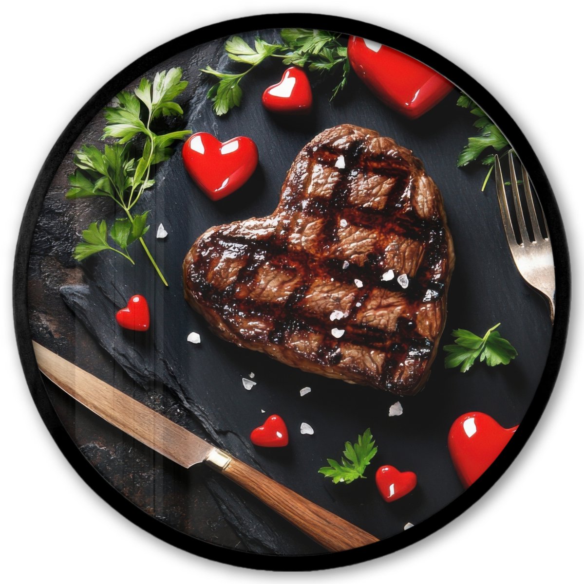 FrameYourWall Poster in lijst Rond - Fotolijst 40x40 cm - Posters - Steak - Hart - Bestek - Ronde posterlijst zwart - Decoratie - Wanddecoratie woonkamer - Muurdecoratie slaapkamer