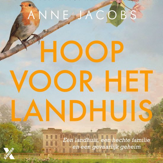 Een roodborstje zit op een tak boven een landhuis. De titel luidt "Hoop voor het landhuis".