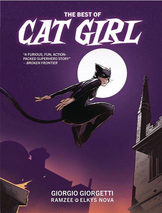 Boekcover: Cat Girl in zwart kostuum springt voor een volle maan tegen een paarse nachtelijke hemel. "The Best of Cat Girl".