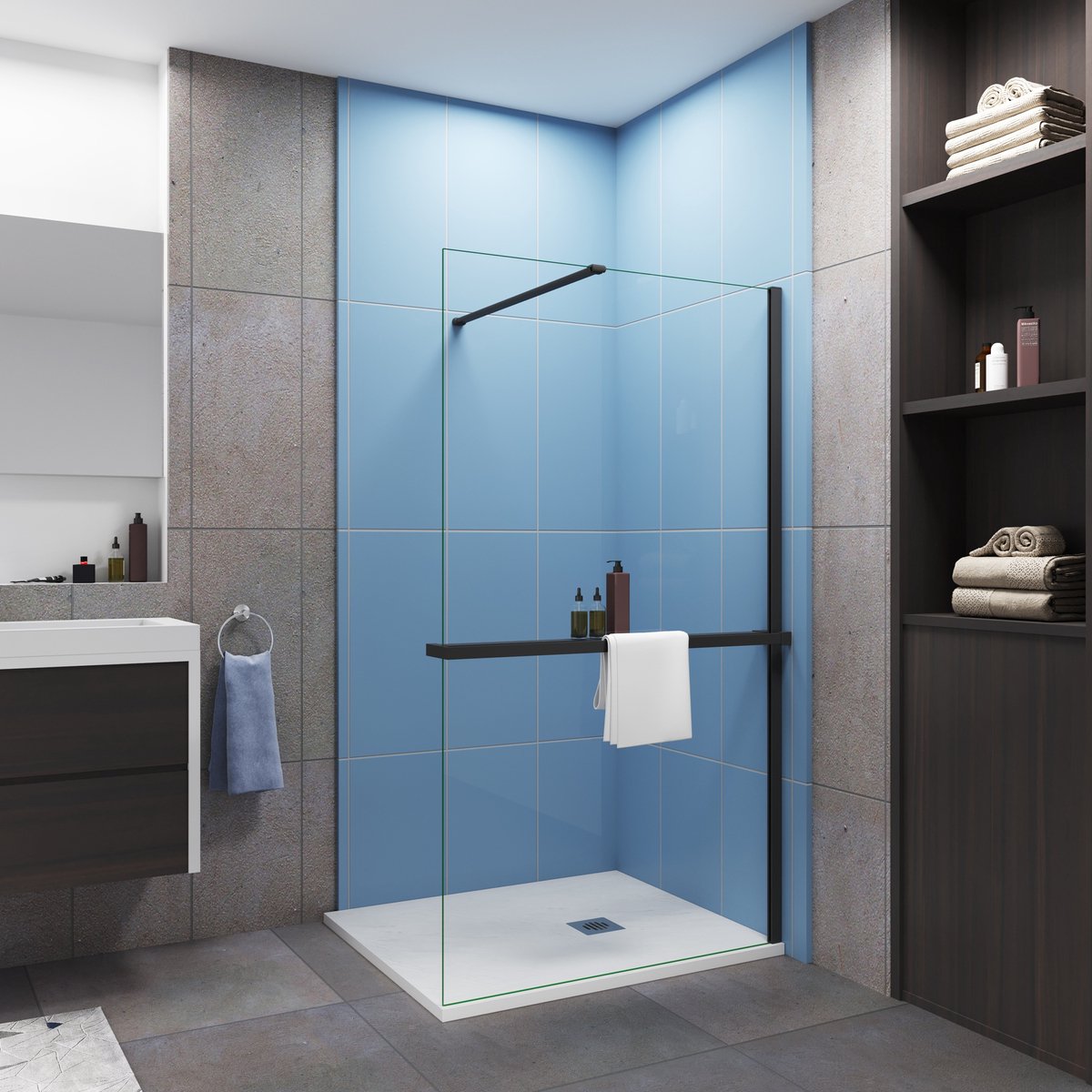 Moderne inloopdouche 100x200cm-8mm easy clean glas met planchet-N-stabilisatiestang 140cm-Snijbaar-glanzend chromen