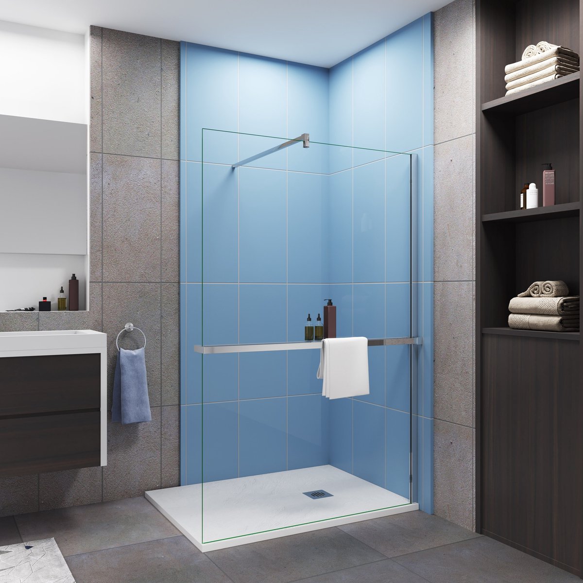 Moderne inloopdouche 140x200cm-8mm easy clean glas met planchet-F-stabilisatiestang 90cm-Snijbaar-glanzend chromen
