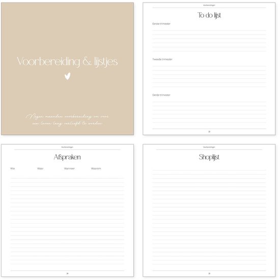 Binnenkant van een zwangerschapsdagboek met secties als 'Voorbereiding & Lijstjes', 'Afspraken' en 'Shoplijst'.