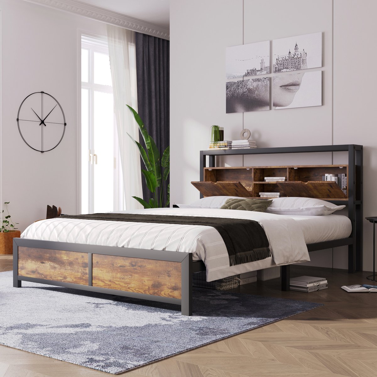 SONNENH Metallbed - 140 x 200 cm - Opbergkast in hoofdeinde - Metalen lattenbodem - Geschikt voor kinderen, tieners en volwassenen Natural