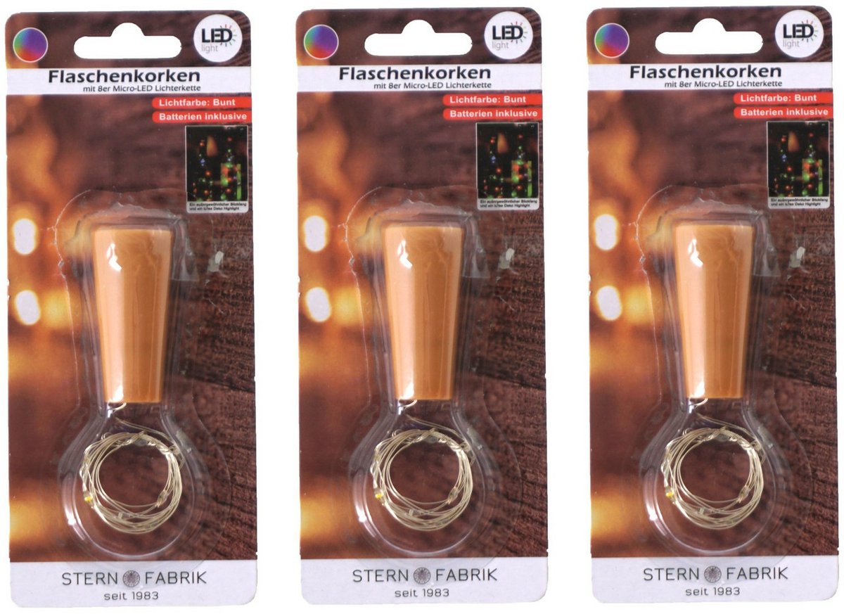 Stern Fabrik flesverlichting kurk - 3x - lichtsnoer - gekleurd -LED - 80 cm- bottle lights