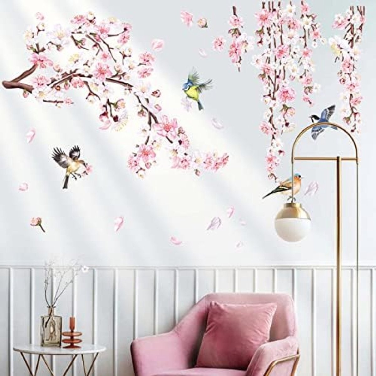 Kersenbloesem Tak Muursticker Set - Roze Bloemen en Vogels Muurdecoratie voor Woonkamer, Slaapkamer en Kinderkamer - Zelfklevende Wanddecoratie