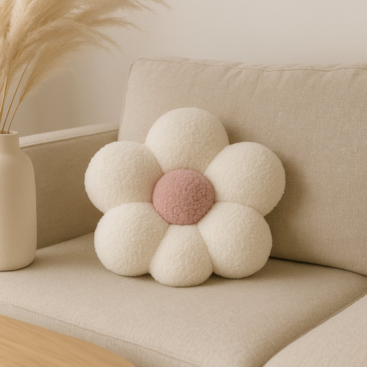 Soosie Sierkussen Bloem – Kussentje – Teddy Bouclé – Ø 40 cm – Crème & Zacht Roze