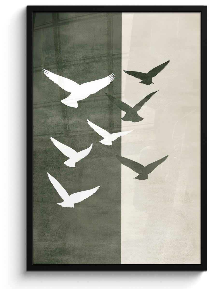 FrameYourWall Poster in lijst - Fotolijst 60x90 cm - Posters - Japandi - Vogel - Groen - Posterlijst zwart - Decoratie - Wanddecoratie woonkamer - Muurdecoratie slaapkamer Vogels