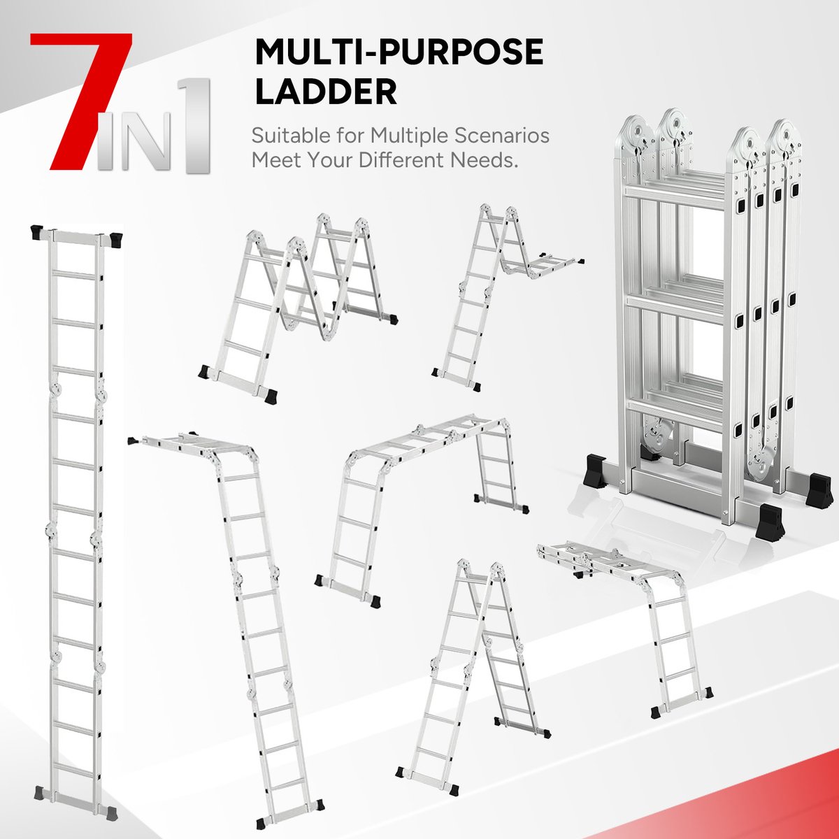 OUTIGO Multifunctionele ladder - 3,5 meter - 7 in 1 - opvouwbaar - aluminium - met 2 wielen - geschikt voor huishoudelijk gebruik - maximale belasting 150 kg - 12 treden – foto 7