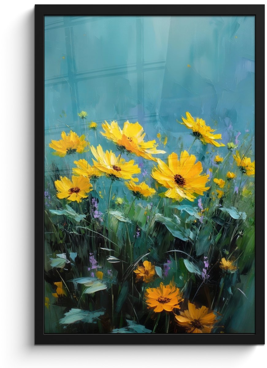 FrameYourWall Poster in lijst - Fotolijst 40x60 cm - Posters - Penseelstreken - Bloemen - Felgeel - Abstract - Posterlijst zwart - Decoratie - Wanddecoratie woonkamer - Muurdecoratie slaapkamer