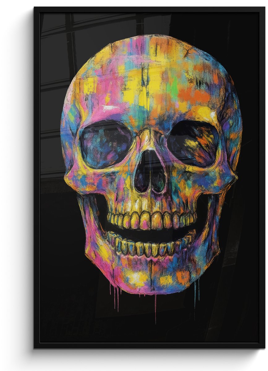 FrameYourWall Poster in lijst - Fotolijst 80x120 cm - Posters - Penseelstreken - Schedel - Kleurrijk - Abstract - Posterlijst zwart - Decoratie - Wanddecoratie woonkamer - Muurdecoratie slaapkamer Schedel - Penseelstreken