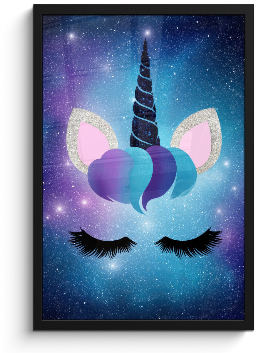 FrameYourWall Poster in lijst - Fotolijst 40x60 cm - Posters - Eenhoorn - Sterren - Magisch - Blauw - Posterlijst zwart - Decoratie - Wanddecoratie woonkamer - Muurdecoratie slaapkamer Eenhoorn - Sterrenstelsel