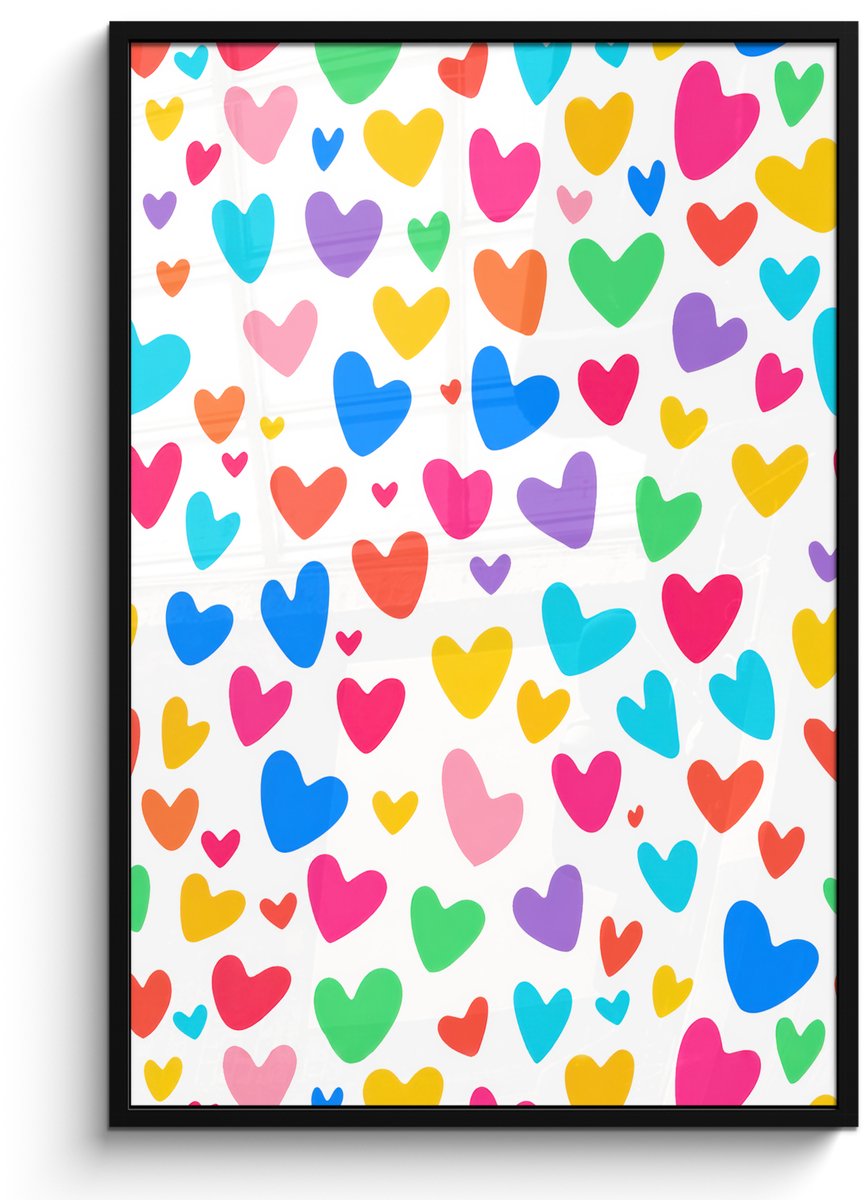 FrameYourWall Poster in lijst - Fotolijst 80x120 cm - Posters - Hartjes - Kleurrijk - Patroon - Levendig - Posterlijst zwart - Decoratie - Wanddecoratie woonkamer - Muurdecoratie slaapkamer