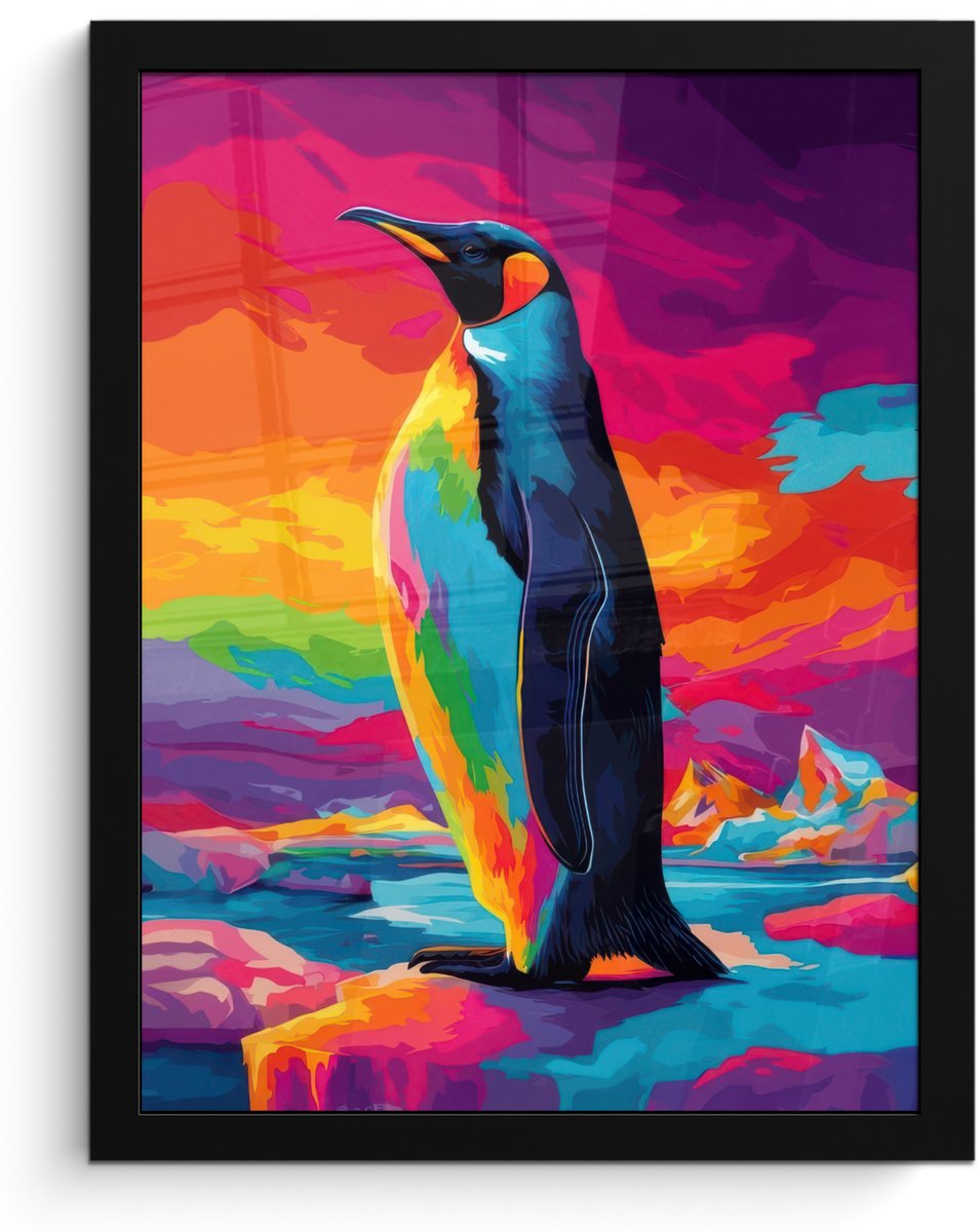 FrameYourWall Poster in lijst - Fotolijst 30x40 cm - Posters - Ijsschots - Pinguïn - Abstract - Lucht - Posterlijst zwart - Decoratie - Wanddecoratie woonkamer - Muurdecoratie slaapkamer Pinguïn - Kleurrijk