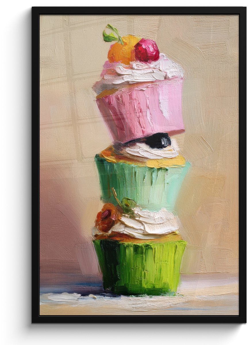 FrameYourWall Poster in lijst - Fotolijst 60x90 cm - Posters - Cupcakes - Gestapeld - Kleurrijk - Fruit - Posterlijst zwart - Decoratie - Wanddecoratie woonkamer - Muurdecoratie slaapkamer
