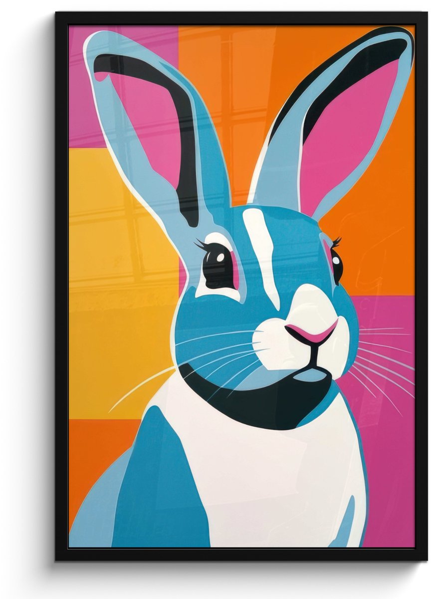 FrameYourWall Poster in lijst - Fotolijst 60x90 cm - Posters - Haas - Kleurvakken - Oren - Roze - Posterlijst zwart - Decoratie - Wanddecoratie woonkamer - Muurdecoratie slaapkamer