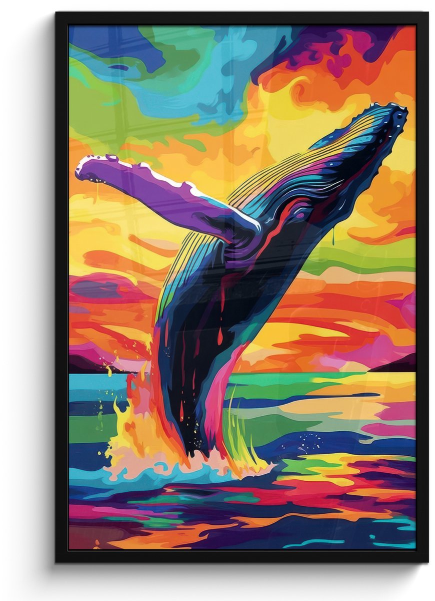 FrameYourWall Poster in lijst - Fotolijst 60x90 cm - Posters - Zonsondergang - Walvis - Geschilderd - Kleurrijk - Posterlijst zwart - Decoratie - Wanddecoratie woonkamer - Muurdecoratie slaapkamer Walvis - Kleurrijk