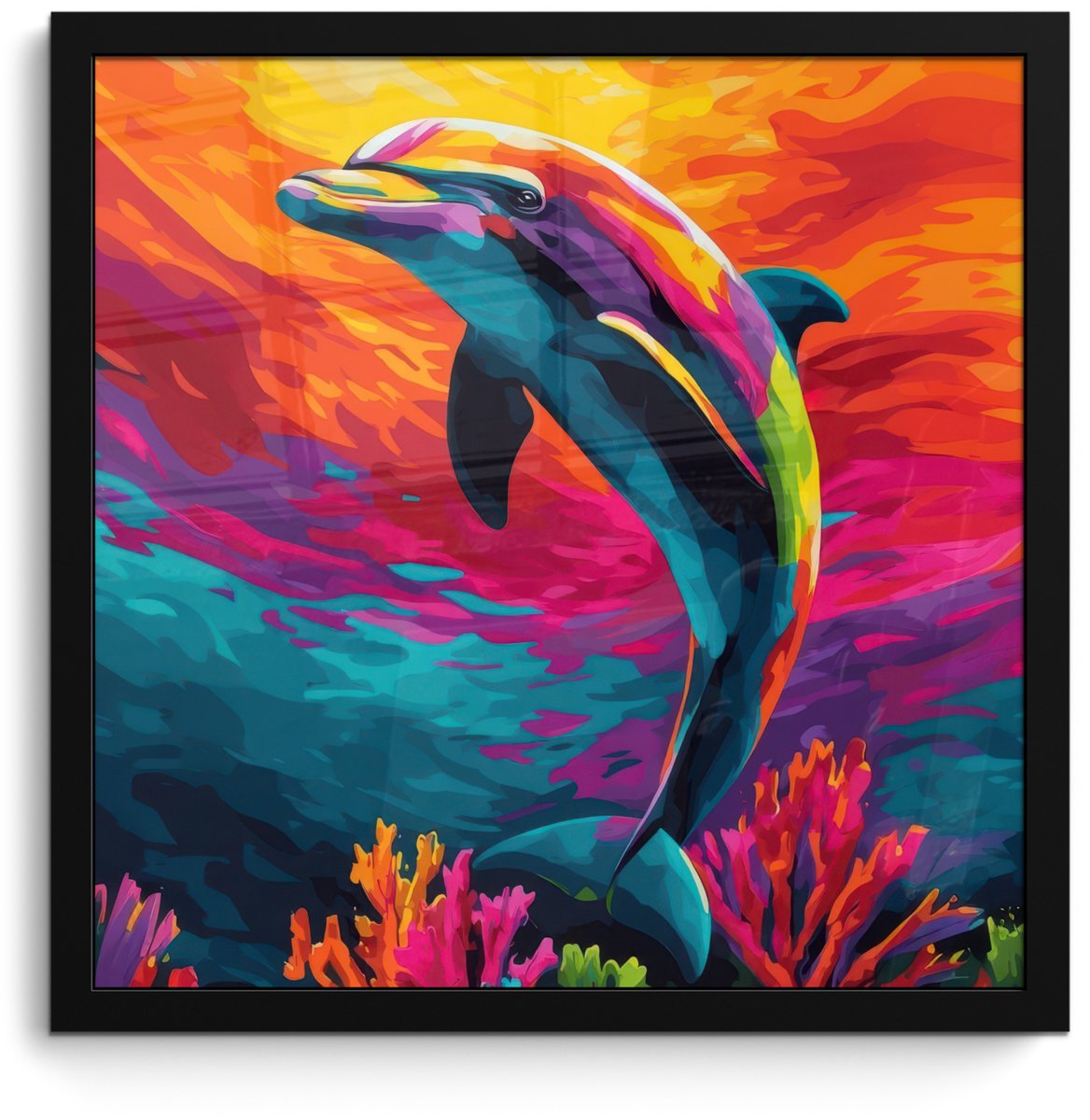 FrameYourWall Poster in lijst - Fotolijst 40x40 cm - Posters - Dolfijn - Kleurrijk - Oceaan - Koraal - Posterlijst zwart - Decoratie - Wanddecoratie woonkamer - Muurdecoratie slaapkamer