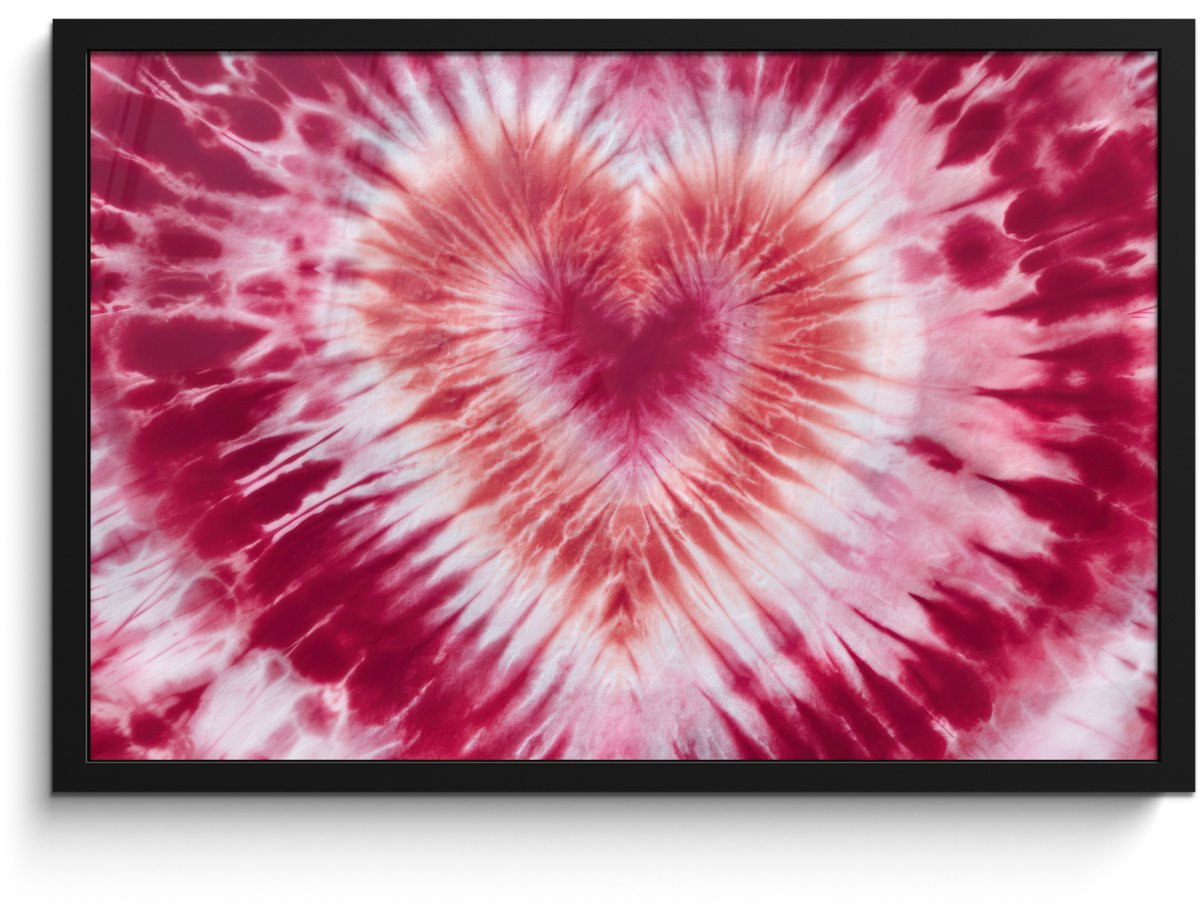 FrameYourWall Poster in lijst - Fotolijst 60x40 cm - Posters - Hartvorm - Roze - Tie dye - Posterlijst zwart - Decoratie - Wanddecoratie woonkamer - Muurdecoratie slaapkamer Hartvorm - Tie dye
