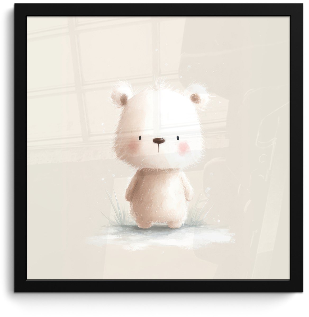 FrameYourWall Poster in lijst - Fotolijst 40x40 cm - Posters - Beertje - Sneeuwvlokje - Wit - Pluizig - Posterlijst zwart - Decoratie - Wanddecoratie woonkamer - Muurdecoratie slaapkamer