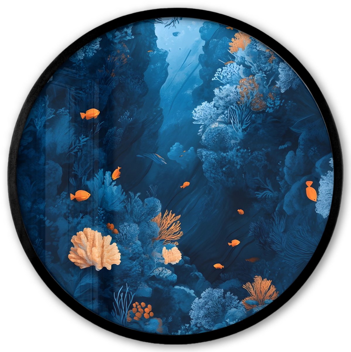 FrameYourWall Poster in lijst Rond - Fotolijst 40x40 cm - Posters - Koraalrif - Vissen - Oceaan - Blauw - Ronde posterlijst zwart - Decoratie - Wanddecoratie woonkamer - Muurdecoratie slaapkamer Vrouw - Water
