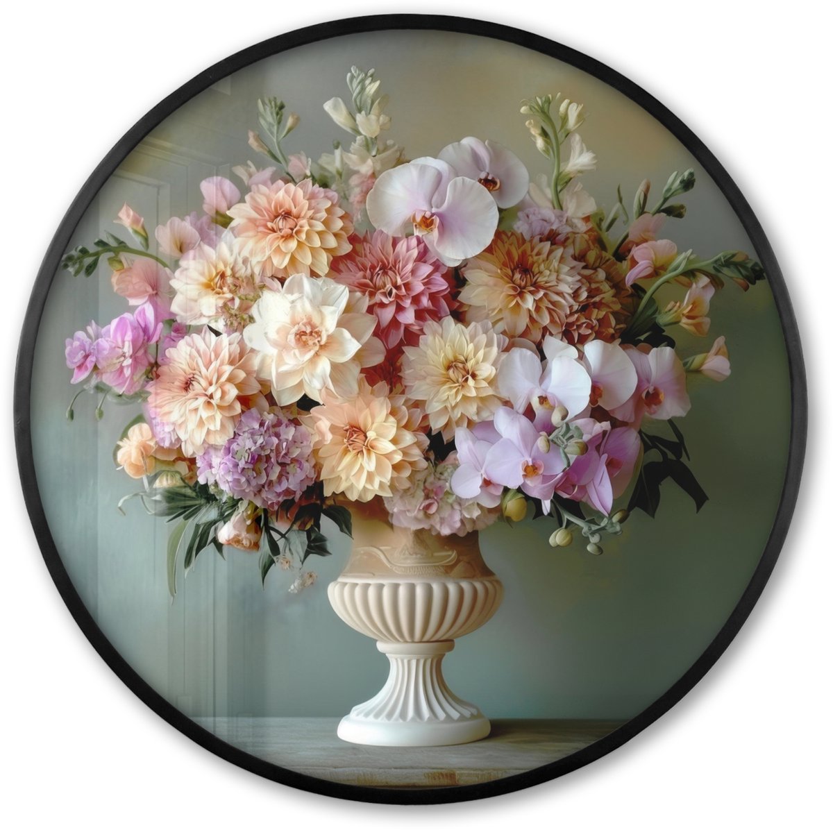 FrameYourWall Poster in lijst Rond - Fotolijst 60x60 cm - Posters - Orchidee - Boeket - Vaas - Bloemen - Ronde posterlijst zwart - Decoratie - Wanddecoratie woonkamer - Muurdecoratie slaapkamer Bloemen - Pastel