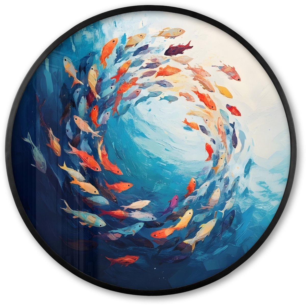 FrameYourWall Poster in lijst Rond - Fotolijst 60x60 cm - Posters - Zee - Vissen - Kleurrijk - Dynamisch - Ronde posterlijst zwart - Decoratie - Wanddecoratie woonkamer - Muurdecoratie slaapkamer