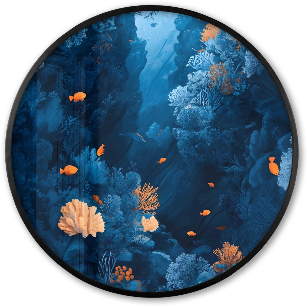 FrameYourWall Poster in lijst Rond - Fotolijst 80x80 cm - Posters - Koraalrif - Vissen - Oceaan - Blauw - Ronde posterlijst zwart - Decoratie - Wanddecoratie woonkamer - Muurdecoratie slaapkamer Vrouw - Water