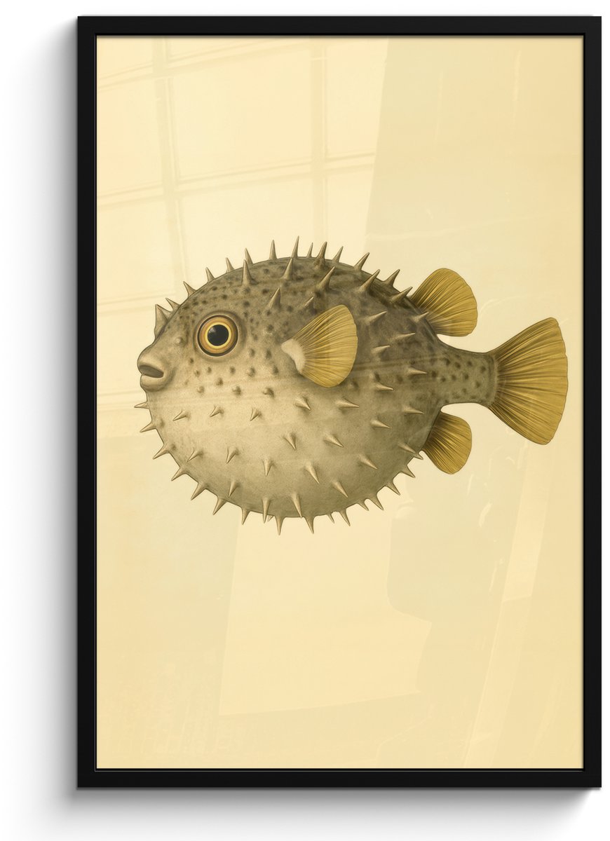 FrameYourWall Poster in lijst - Fotolijst 60x90 cm - Posters - Stekels - Vis - Opgeblazen - Bruin - Posterlijst zwart - Decoratie - Wanddecoratie woonkamer - Muurdecoratie slaapkamer