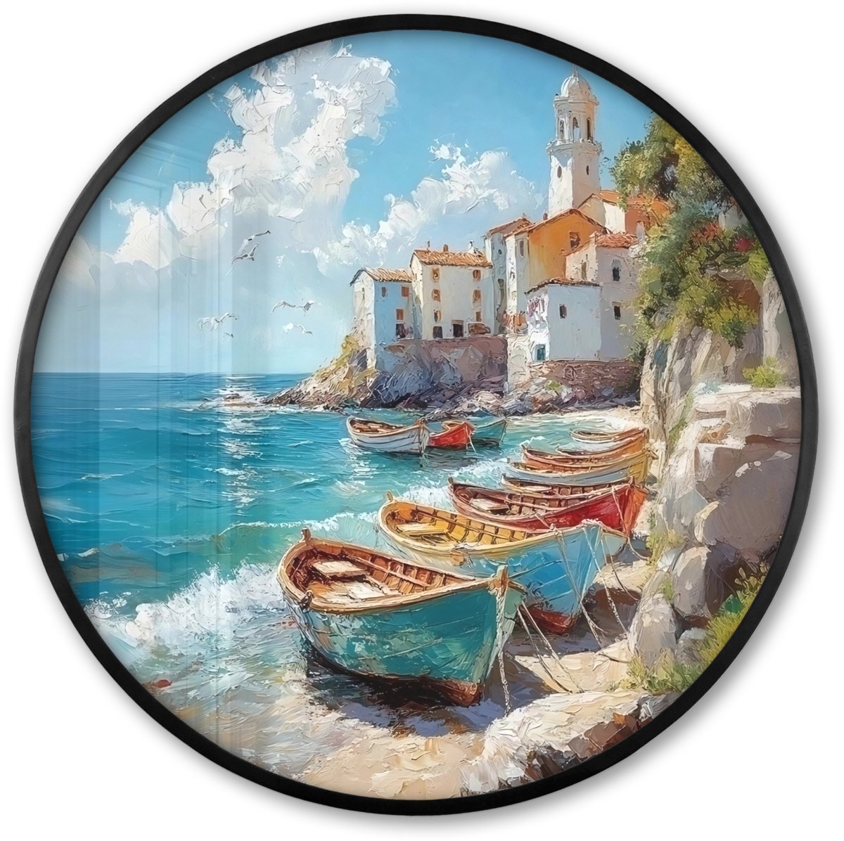 FrameYourWall Poster in lijst Rond - Fotolijst 80x80 cm - Posters - Boten - Rotsen - Zee - Zon - Ronde posterlijst zwart - Decoratie - Wanddecoratie woonkamer - Muurdecoratie slaapkamer Boten - Zee - Rotsen