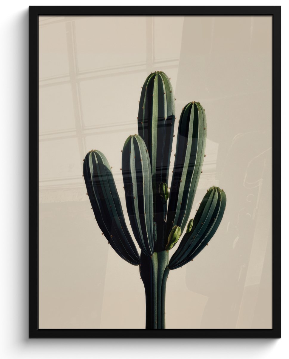 FrameYourWall Poster in lijst - Fotolijst 60x80 cm - Posters - Cactus - Subtiel - Groen - Posterlijst zwart - Decoratie - Wanddecoratie woonkamer - Muurdecoratie slaapkamer