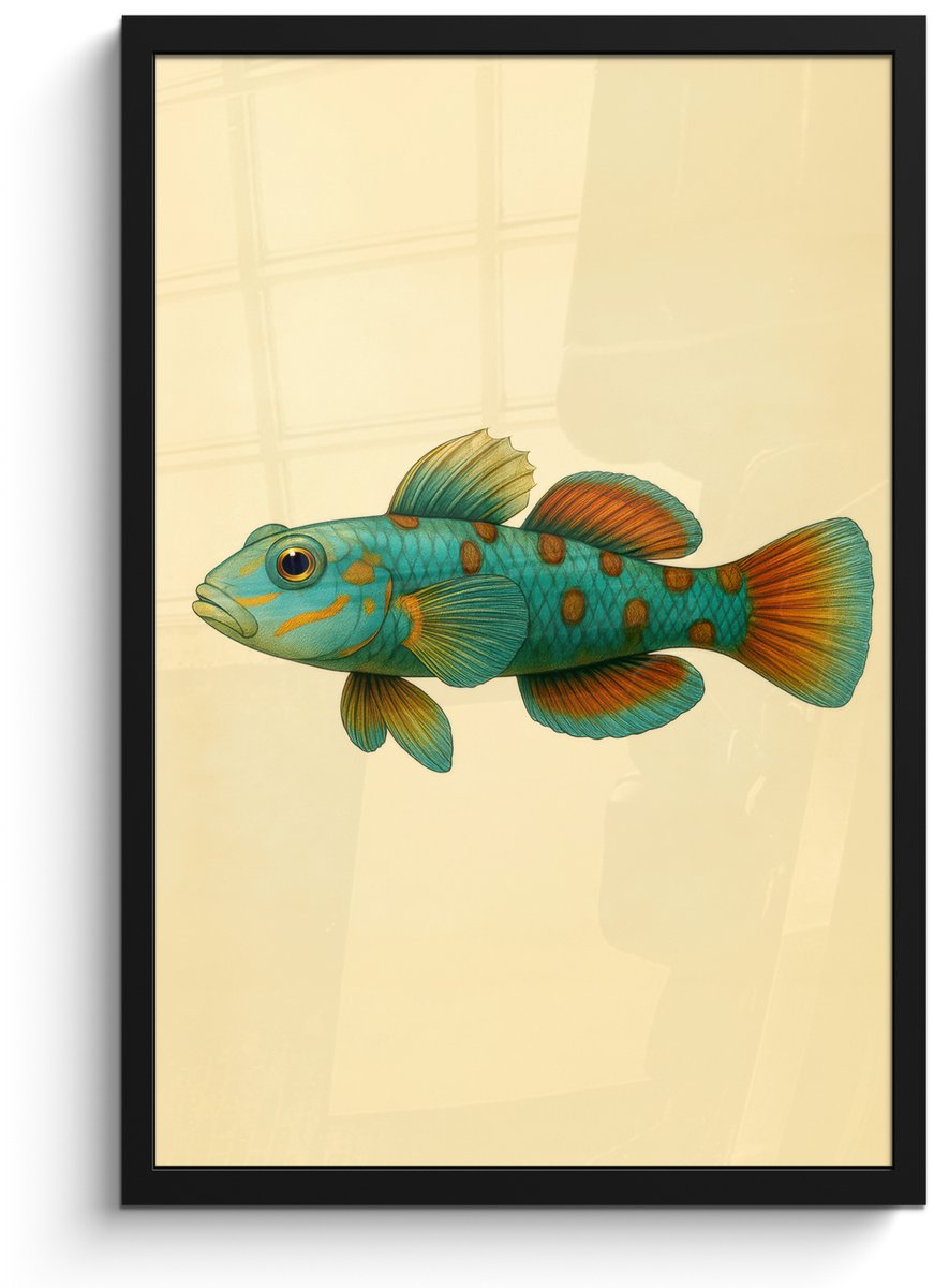 FrameYourWall Poster in lijst - Fotolijst 40x60 cm - Posters - Vis - Blauw - Stippen - Schubben - Posterlijst zwart - Decoratie - Wanddecoratie woonkamer - Muurdecoratie slaapkamer Vis - Stippen